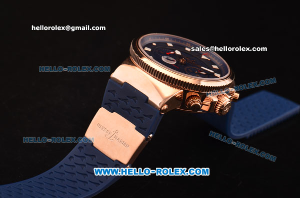 Ulysse Nardin Maxi Marine Chronograph Swiss Valjoux 7750 Automatic Rose Gold Case with Blue Dial and Blue Rubber Strap - Click Image to Close